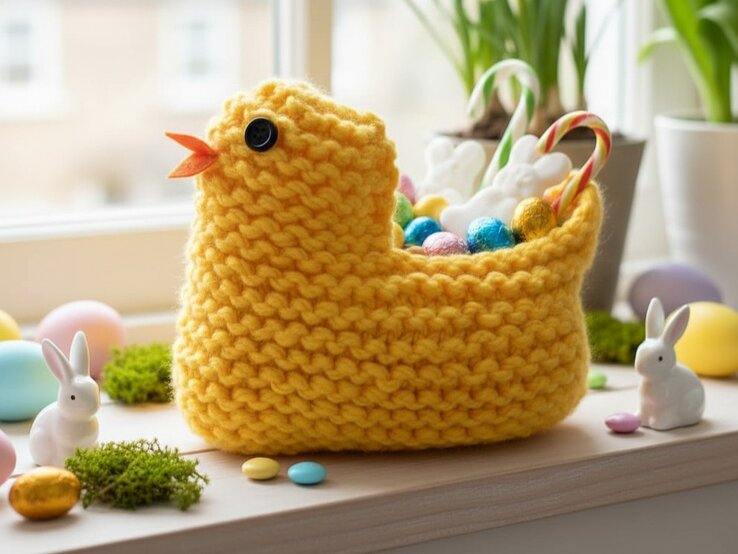 Ein gestricktes gelbes Körbchen in Form eines Kükens, gefüllt mit bunten Ostereiern und Zuckerstangen auf einer frühlingshaft dekorierten Fensterbank.