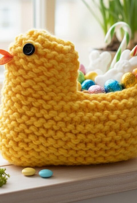 Ein gestricktes gelbes Körbchen in Form eines Kükens, gefüllt mit bunten Ostereiern und Zuckerstangen auf einer frühlingshaft dekorierten Fensterbank.