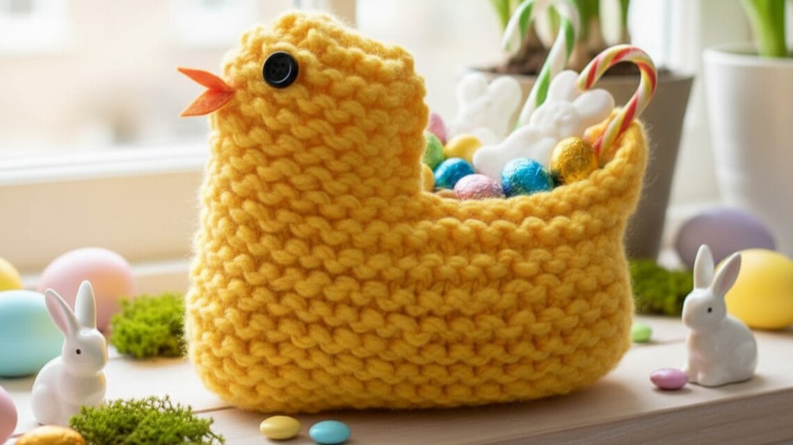Ein gestricktes gelbes Körbchen in Form eines Kükens, gefüllt mit bunten Ostereiern und Zuckerstangen auf einer frühlingshaft dekorierten Fensterbank.