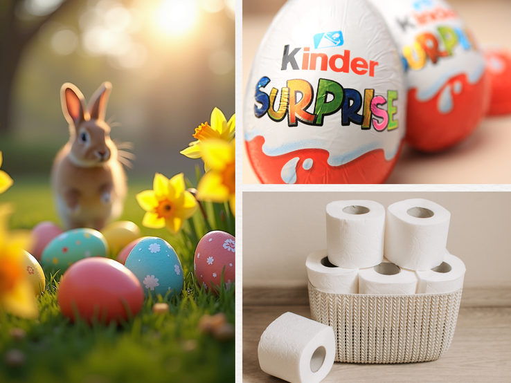 Ein kleiner Hase sitzt zwischen bunten Ostereiern und gelben Narzissen im Gras, daneben Kinder-Überraschungseier und Toilettenrollen.
