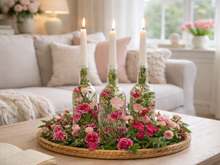 Drei brennende weiße Kerzen stecken in Glasflaschen mit rosa Blumen und grünen Zweigen auf einem runden Tablett auf hellem Couchtisch.