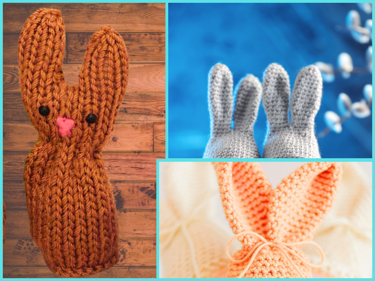 Eine Collage mit gestrickten Hasen aus braunem, grauem und orangefarbenem Garn, vor Hintergründen aus Holz, Blau und Creme.