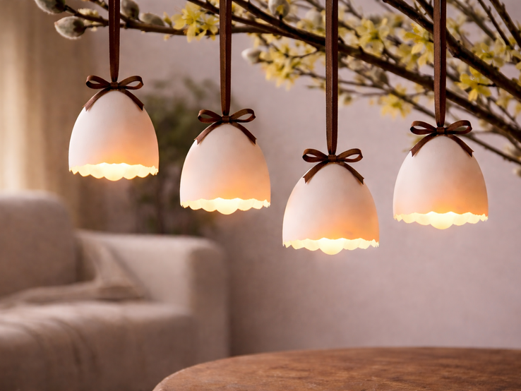 Vier cremefarbene Osterei-Laternen mit braunen Schleifen hängen an Bändern vor einem blühenden Zweig, warmes Licht über Holztisch.