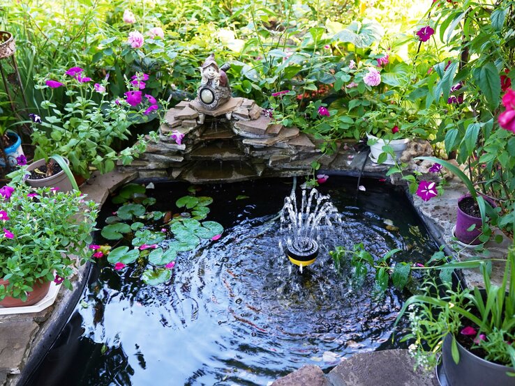 Üppig bepflanzter Garten mit kleinem Mini-Brunnen und sprudelnder Fontäne, umgeben von rosa Blüten, Seerosen und dekorativer Zwergenfigur.