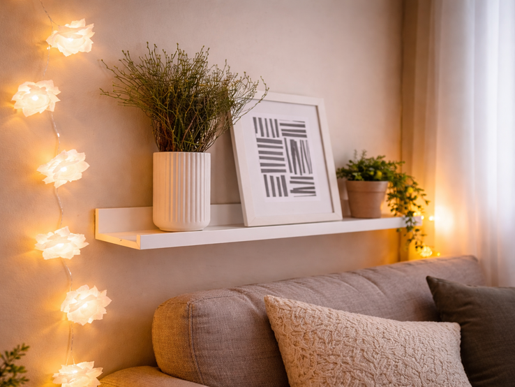 Warme Lichterkette aus Butterbrotpapier mit weißen Blüten hängt neben Wandregal mit Vase, Bild und Pflanze über einem beigen Sofa im gemütlichen Wohnzimmer.