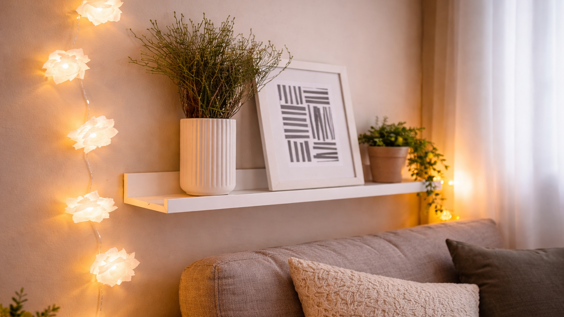 Warme Lichterkette aus Butterbrotpapier mit weißen Blüten hängt neben Wandregal mit Vase, Bild und Pflanze über einem beigen Sofa im gemütlichen Wohnzimmer.