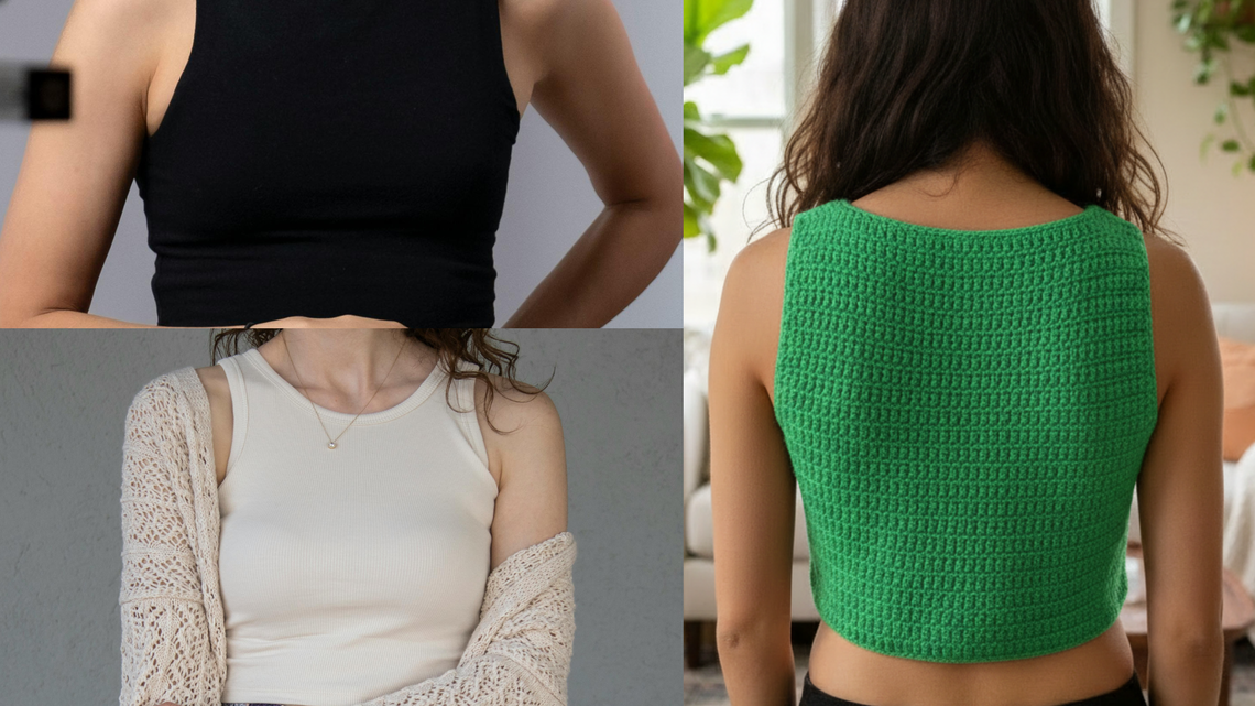 Eine Frau mit schulterlangem dunklem Haar steht mit dem Rücken zum Betrachter; sie trägt ein braunes gehäkeltes Oberteil und ist in einem gemütlichen Raum mit Zimmerpflanzen und Sofa.