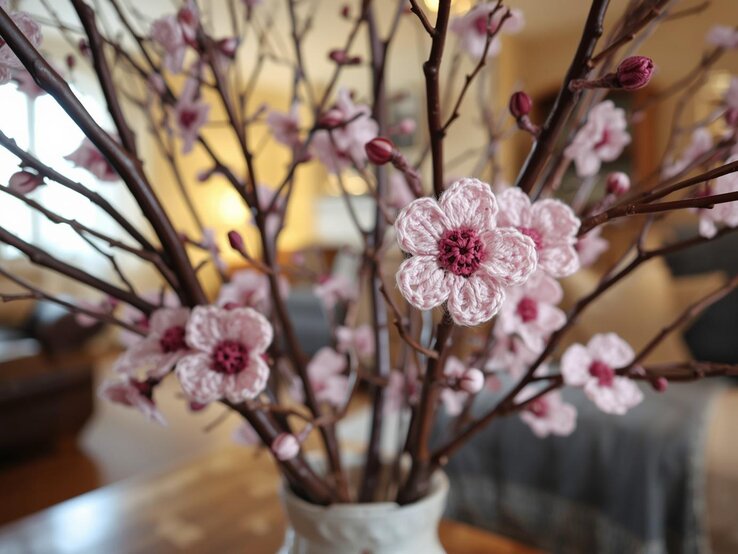 Helle Häkelblüten mit rotem Kern zieren braune Zweige in einer Vase, dahinter ein gemütlicher Raum mit gedämpftem Licht.