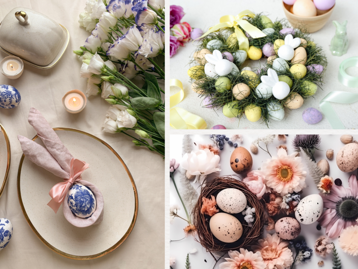 Runder Osterkranz aus grünem Moos mit pastellfarbenen Eiern und weissen Hasenfiguren, dekoriert mit gelber Schleife auf hellem Tisch.