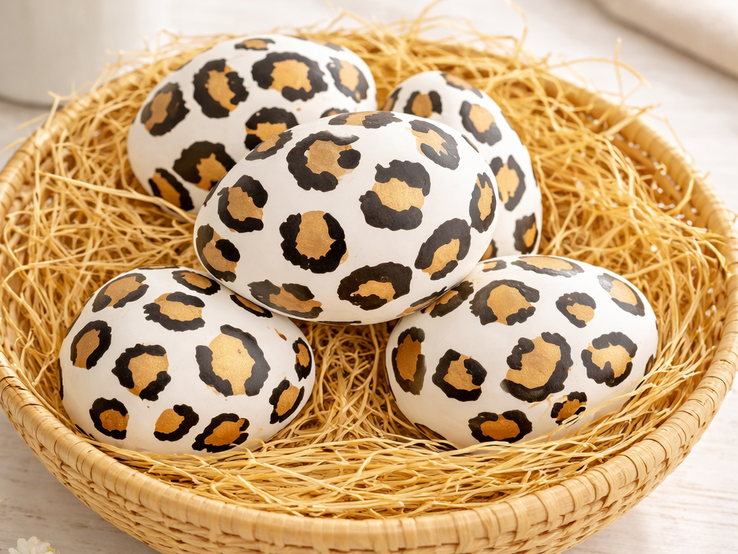 Dekorierte Ostereier im Leopardenlook ruhen in einem runden Korb aus Naturmaterial, umgeben von feinem Stroh auf heller Holzfläche.