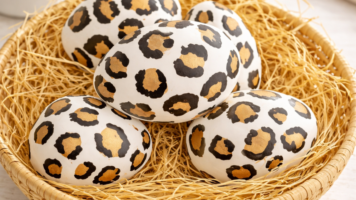 Dekorierte Ostereier im Leopardenlook ruhen in einem runden Korb aus Naturmaterial, umgeben von feinem Stroh auf heller Holzfläche.