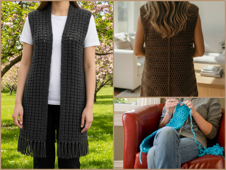 Collage mit grauer Strickweste vor blühenden Bäumen, brauner Weste von hinten in hellem Wohnzimmer und Person strickt blaues Garn auf rotem Sessel.