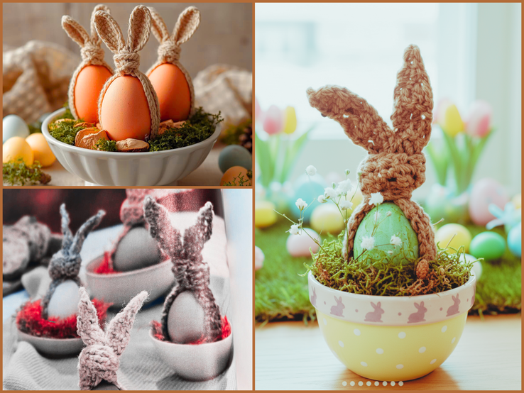 Eine Collage zeigt bunte Ostereier mit handgefertigten Häkel-Ohren als Hasen.