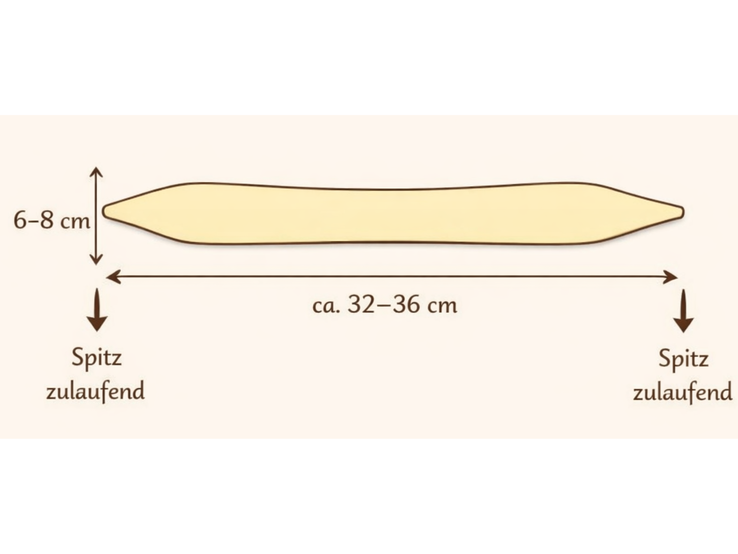 Illustration einer länglichen Teigform mit spitz zulaufenden Enden, 32–36 cm lang und 6–8 cm breit. | © ChatGPT