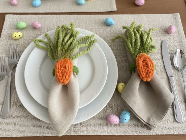 Osterliche Tischdekoration mit gehäkelten Karotten als Serviettenringen, pastellfarbigen Eiern und einem Tulpenstrauß in einer Glasvase.