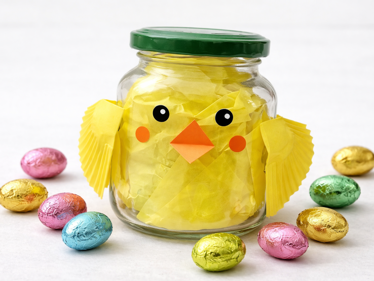 Küken-Geschenkverpackung: Glas mit grünem Deckel zeigt gelbes Papierküken mit Augen und orangem Schnabel, umgeben von bunten Eiern.