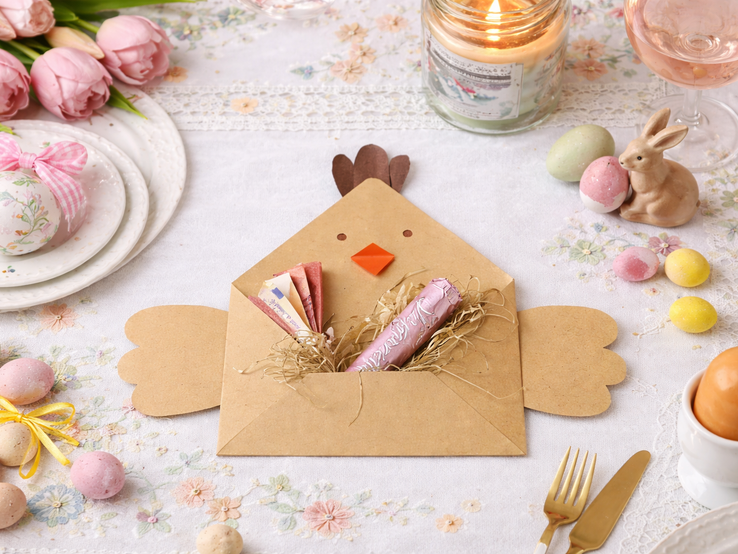 Gebastelter Hennen-Briefmschlag als Geldgeschenk mit Geldscheinen und Schokoriegel auf hellen Tisch umgeben von Tulpen, Kerze und bunten Ostereiern.