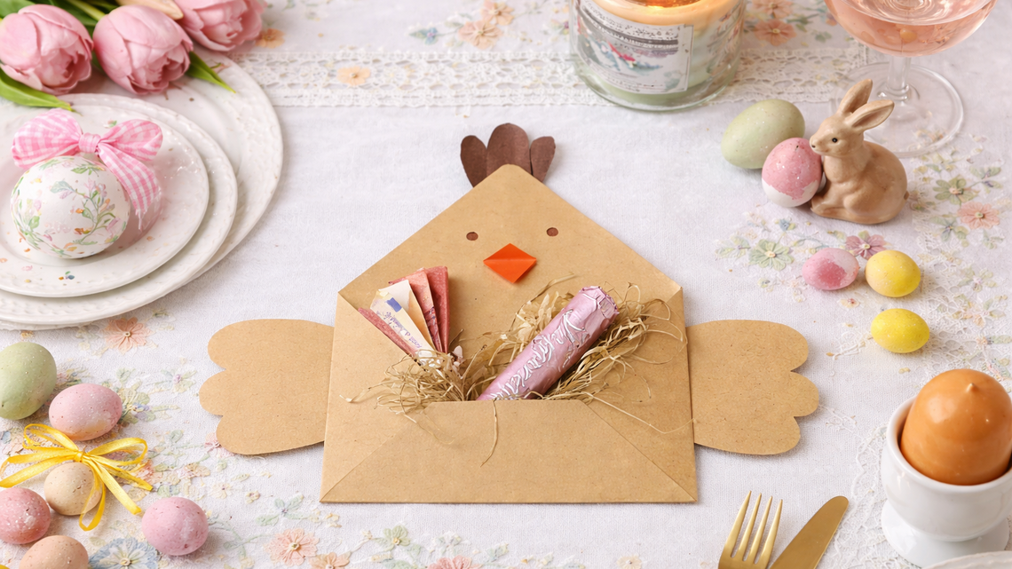 Gebastelter Hennen-Briefmschlag als Geldgeschenk mit Geldscheinen und Schokoriegel auf hellen Tisch umgeben von Tulpen, Kerze und bunten Ostereiern.