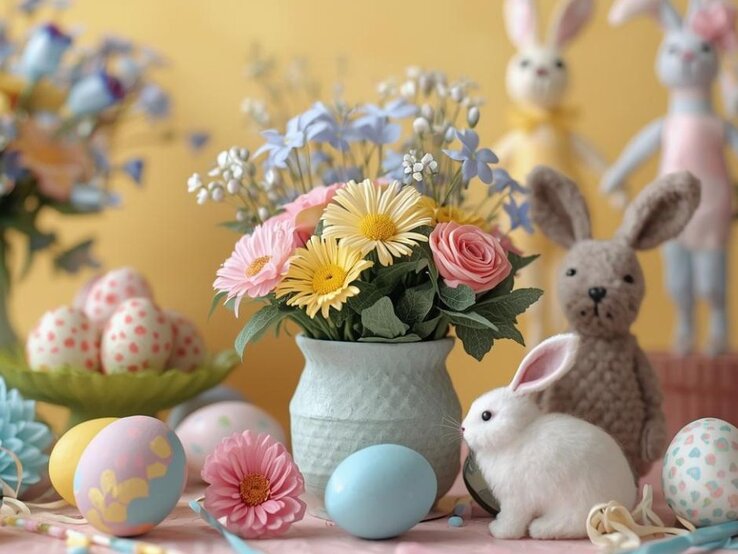 Bunte Osterdekoration mit bemalten Eiern, frischen Blumen in einer Vase, einem weißen Plüschhasen und einem gehäkelten Hasen vor gelbem Hintergrund. Im Hintergrund stehen zwei weitere dekorative Hasenfiguren.