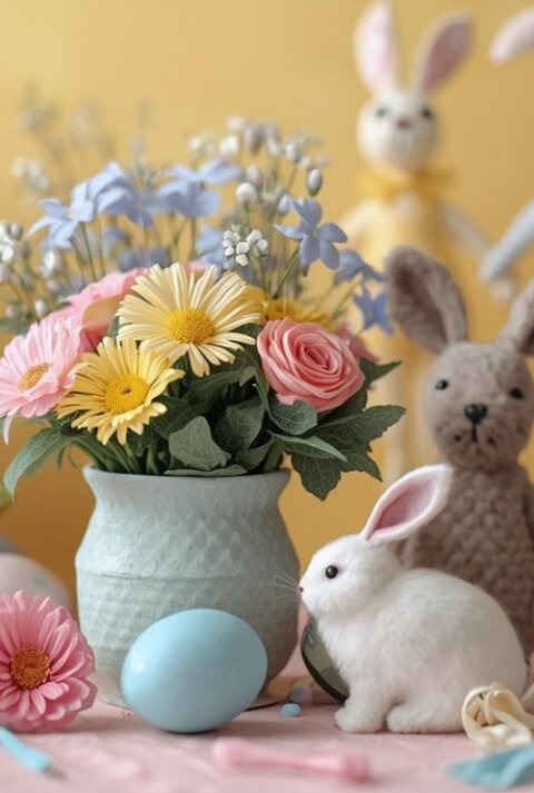 Bunte Osterdekoration mit bemalten Eiern, frischen Blumen in einer Vase, einem weißen Plüschhasen und einem gehäkelten Hasen vor gelbem Hintergrund. Im Hintergrund stehen zwei weitere dekorative Hasenfiguren.