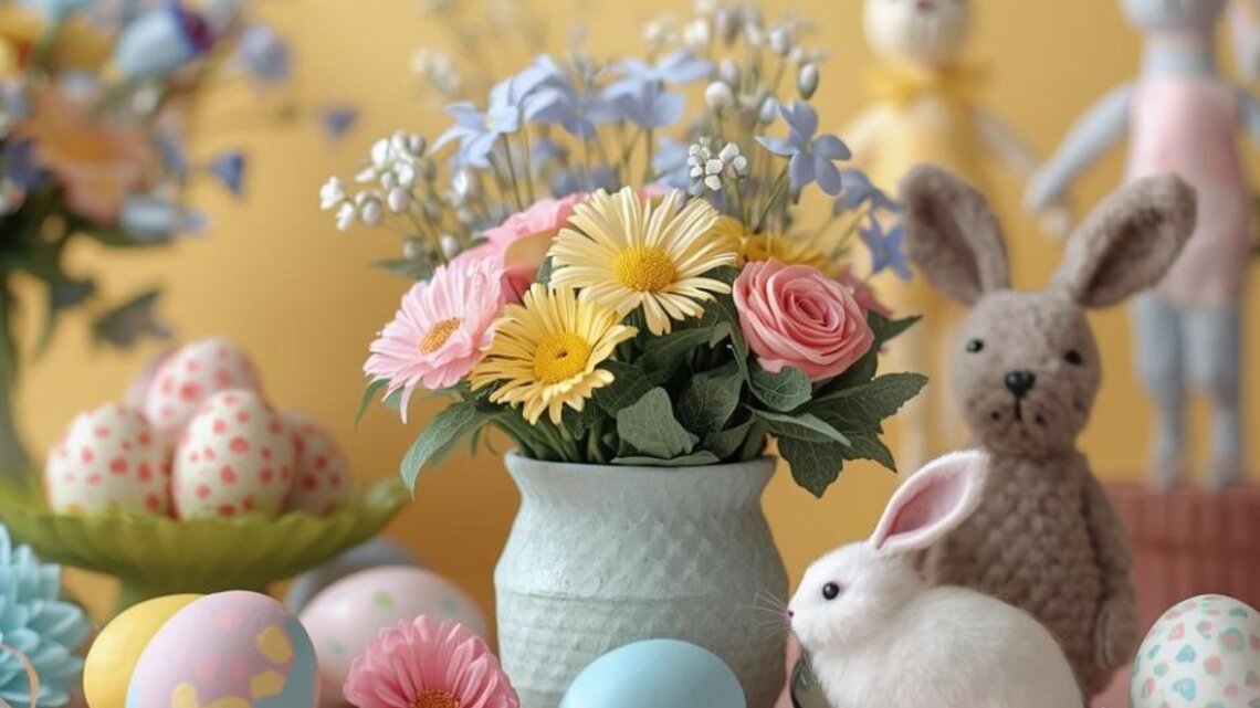 Bunte Osterdekoration mit bemalten Eiern, frischen Blumen in einer Vase, einem weißen Plüschhasen und einem gehäkelten Hasen vor gelbem Hintergrund. Im Hintergrund stehen zwei weitere dekorative Hasenfiguren.