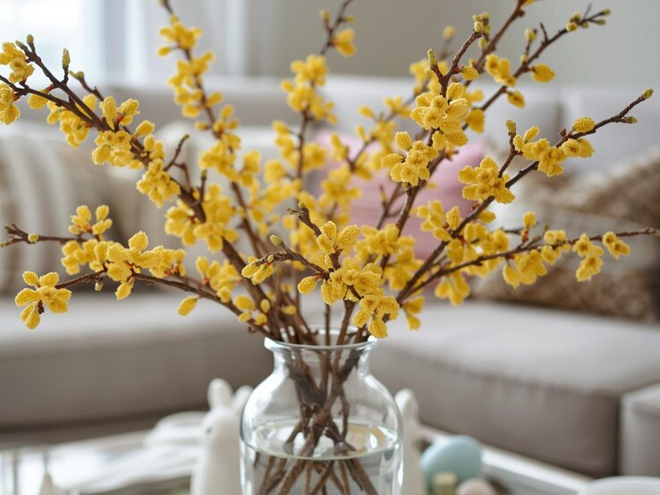 Gelb blühende Zweige in einer Glasvase auf einem Tisch, dahinter modernes Sofa mit Kissen und pastellfarbenen Dekorationen.