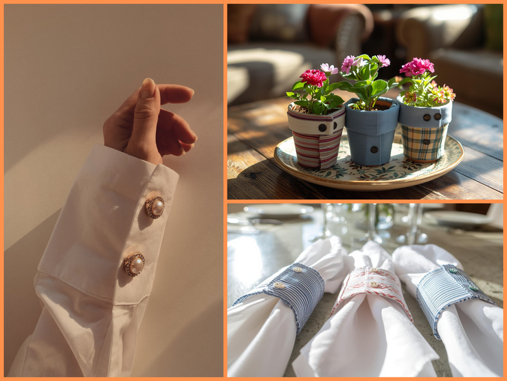 Eine Collage zeigt links eine Hand mit cremefarbenem Hemd und Perlenknöpfen, rechts oben Blumen in Stofftöpfen auf einem Holztisch, rechts unten Stoffserviettenringe.