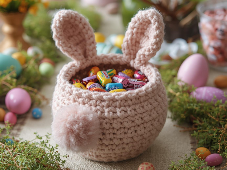 Ein gehäkeltes Körbchen mit Hasenohren, gefüllt mit bunter Oster-Süßigkeiten, steht von Eiern und Frühlingsgrün umgeben auf einem Tisch.