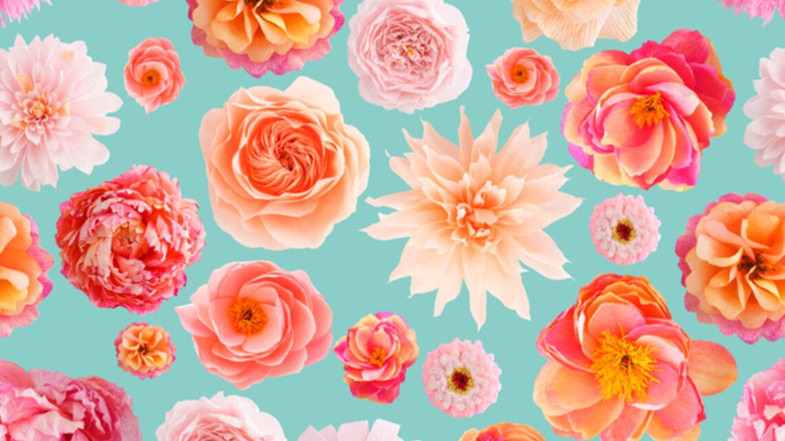 Verschiedene handgebastelte Papierblumen in Rosa-, Creme- und Orangetönen auf blauem Hintergrund.