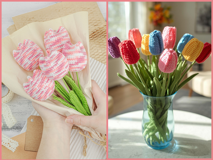 Collage aus gehäkelten Blumen: Links ein Strauß rosa-weiß melierter Tulpen in Papier, rechts bunter Tulpenstrauß in Glasvase.