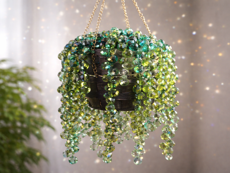 Hängender Topf an goldenen Ketten, dicht behängt mit grünen Glasperlen, die wie eine selbstgebastelte Zimmerpflanze wirken.