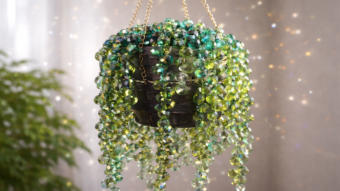 Hängender Topf an goldenen Ketten, dicht behängt mit grünen Glasperlen, die wie eine selbstgebastelte Zimmerpflanze wirken.