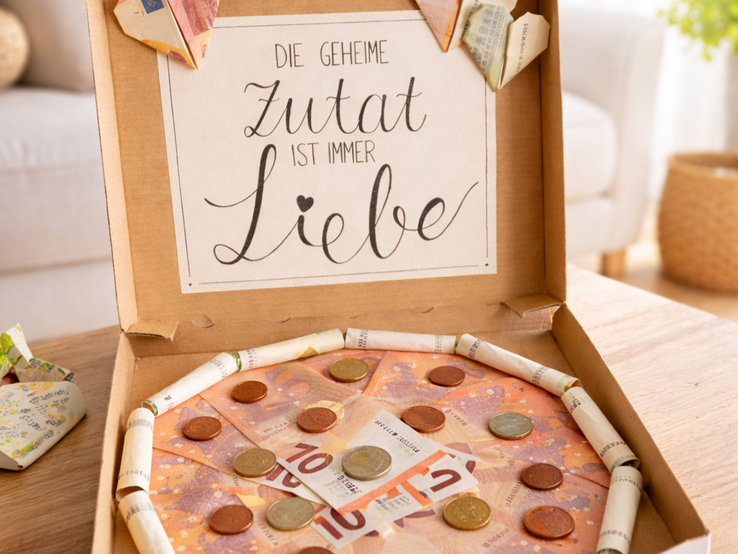 Offene Pizzaschachtel mit Geldpizza aus Euro-Scheinen und Münzen, im Deckel der Spruch „Die geheime Zutat ist immer Liebe“.