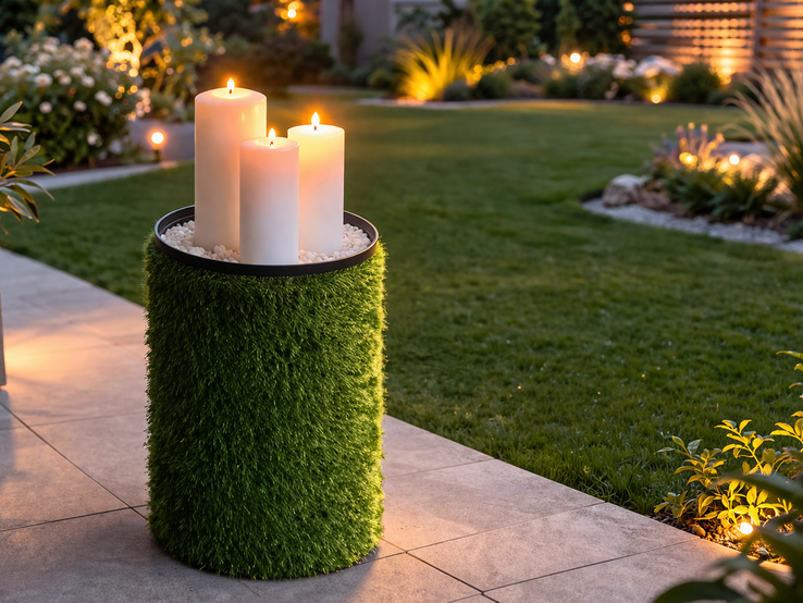 Vier weiße Kerzen brennen ruhig auf einem zylindrischen Sockel mit grünem Kunstgras umgeben von beleuchtetem Garten am Abend.