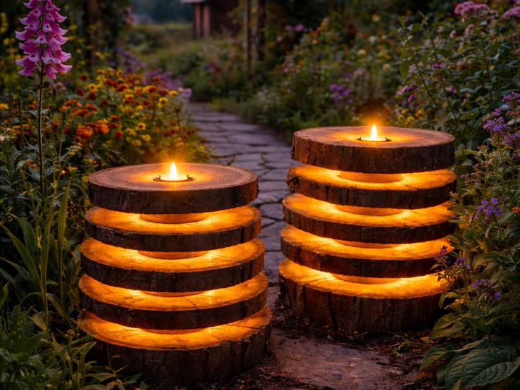 Zwei rustikale Solarlampen aus Holz  mit Kerzen strahlen am Gartenweg, eingerahmt von üppigen Blumen, Lichtergirlande und idyllischem Abendhimmel.