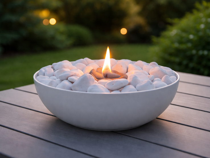 Ein Tischkamin brennt ruhig in einer weißen Schale mit glatten Kieselsteinen auf einem Gartentisch im sanften Abendlicht