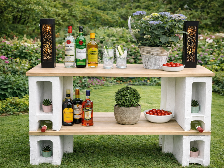 Rustikale Bar Möbel aus Holz und Betonsteinen mit Flaschen, Gläsern mit Limetten, Hortensie und Tomaten in üppigem Garten.