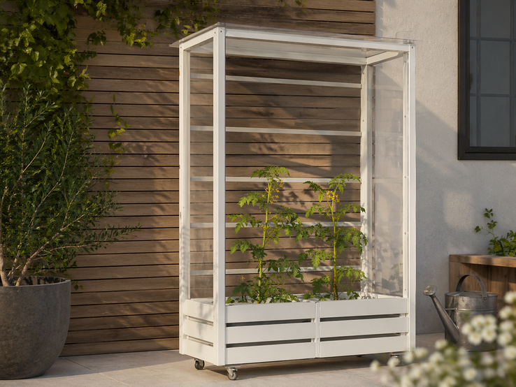 Ein weißes Gewächshaus mit transparenten Wänden steht auf Rollen vor Holzfassade, darin wachsen grüne Tomatenpflanzen.