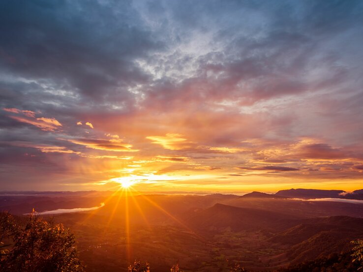 Ein atemberaubender Sonnenaufgang über einer hügeligen Landschaft, bei dem die Sonne gerade am Horizont erscheint. Der Himmel ist eine dramatische Leinwand aus orangen, gelben und blauen Farbtönen, durchzogen von den Strahlen der Sonne, die durch vereinzelte Wolken brechen und die Täler sowie den über dem Boden schwebenden Nebel erleuchten. Im Vordergrund zeigen sich Silhouetten von Pflanzen gegen den sich aufhellenden Himmel