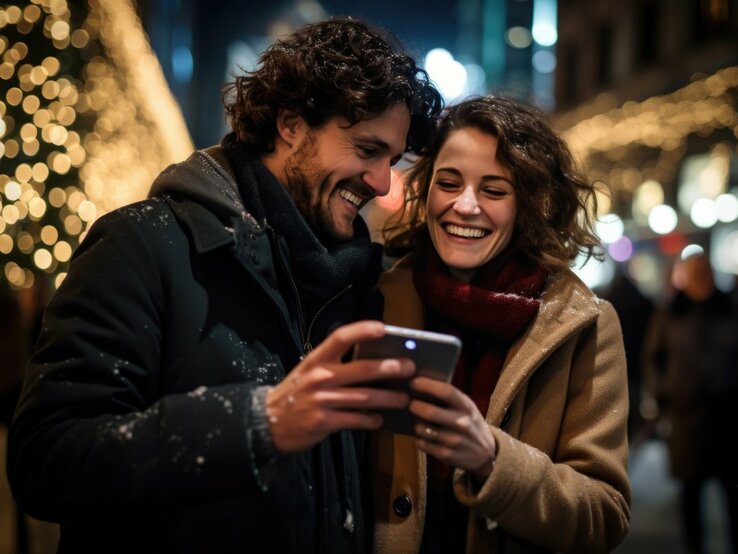Das Bild zeigt ein lächelndes Paar, das gemeinsam auf ein Smartphone schaut. Sie stehen draußen bei Nacht, umgeben von festlicher Beleuchtung, die aufgrund von Lichterketten im Hintergrund ein warmes, glitzerndes Bokeh erzeugt. Es scheint zu schneien, da auf der Kleidung des Mannes leichte Schneeflocken zu sehen sind. Beide tragen Winterkleidung; der Mann hat einen dunklen Mantel und die Frau einen beige Mantel sowie einen roten Schal. Sie scheinen einen freudigen, intimen Moment zu teilen, während sie etwas auf dem Bildschirm betrachten.