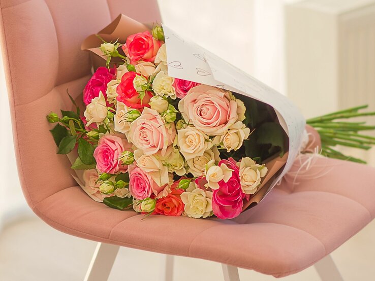  Ein großer Strauß aus Rosen in verschiedenen Farbtönen von Cremeweiß über zartes Rosa bis hin zu leuchtendem Pink, präsentiert auf einem modernen rosafarbenen Stuhl. Die Rosen sind frisch und in voller Blüte, was auf eine sorgfältige Auswahl und Pflege hinweist. Sie sind in einem eleganten weißen Papier mit Herz-Motiven eingewickelt, was den Strauß ideal für ein Geschenk, etwa zum Valentinstag oder einem anderen romantischen Anlass, macht. Der Hintergrund ist neutral und lenkt nicht von den lebhaften Farben der Blumen ab.