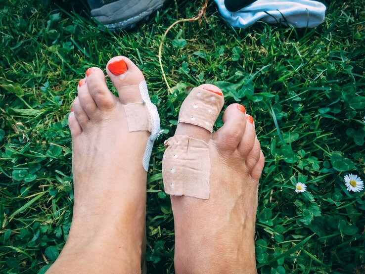Blasen am Fuß Zwei nackte Füße mit rotem Nagellack und Pflastern an den Zehen liegen auf grünem Rasen neben einem Schuh.