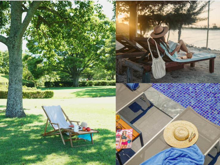 Drei sommerliche Liegeplätze: im Park unter Bäumen, am Strand bei Sonnenuntergang und am sonnigen Pool mit Hut und Magazin.