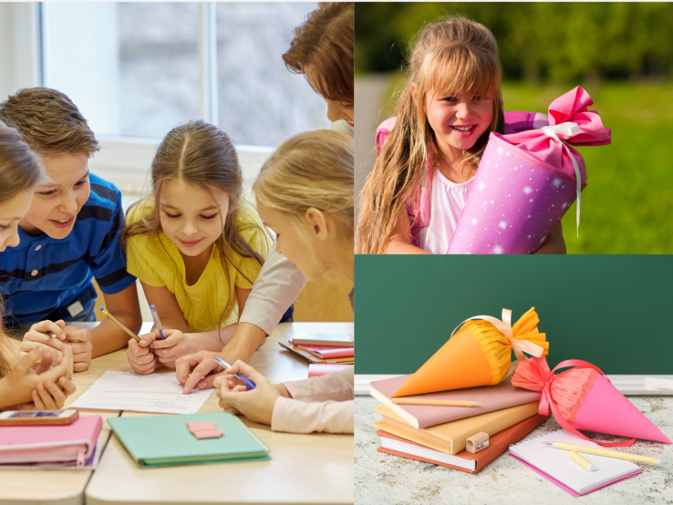 Fröhliche Kinder lernen gemeinsam am Tisch, ein Mädchen hält draußen stolz ihre Schultüte, daneben liegen Bücher und Tüten im Klassenzimmer.