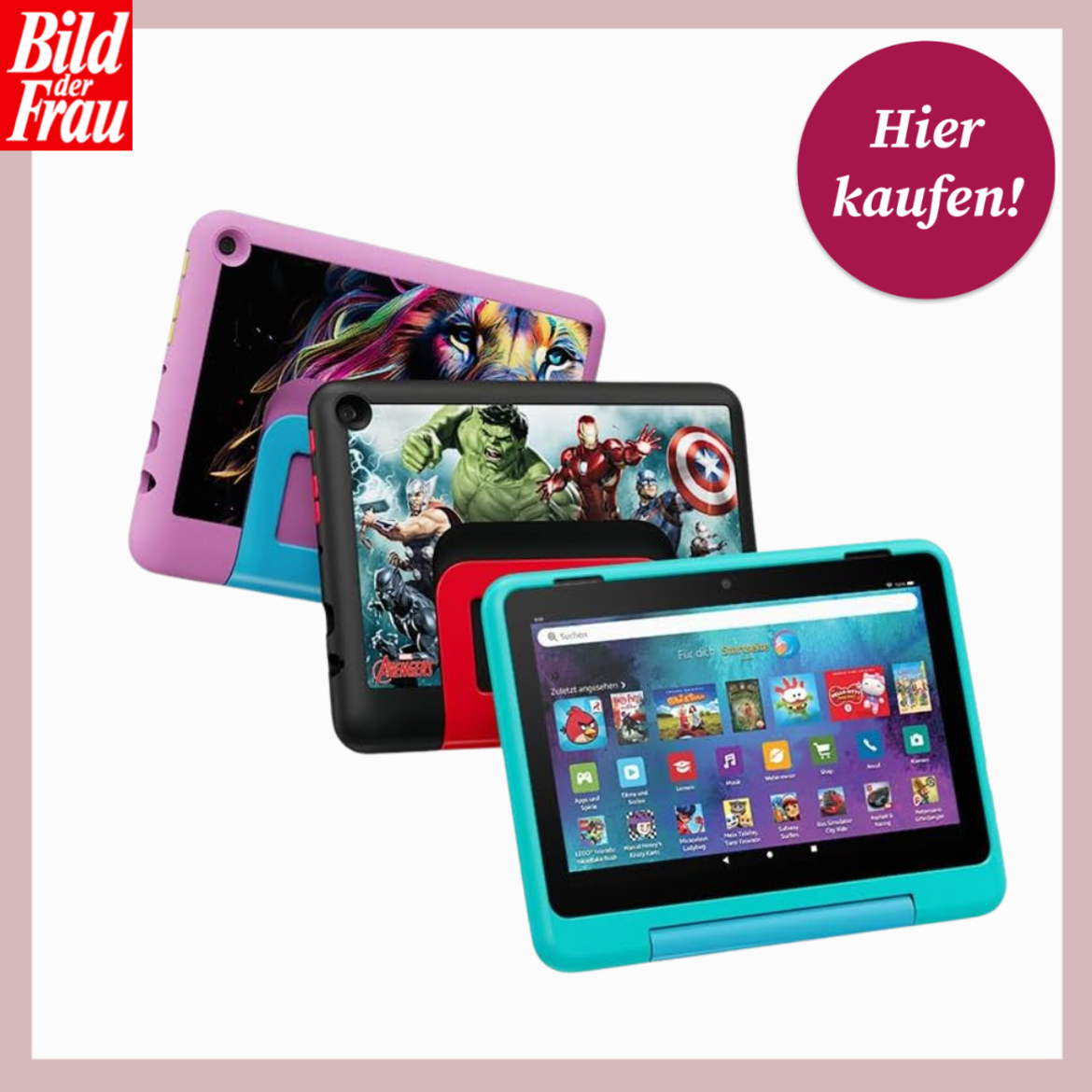 Drei bunte Kindertablets mit stabilen Hüllen zeigen Superhelden-Motive und Apps, vorne ein Modell mit offenem Startbildschirm. | © Amazon