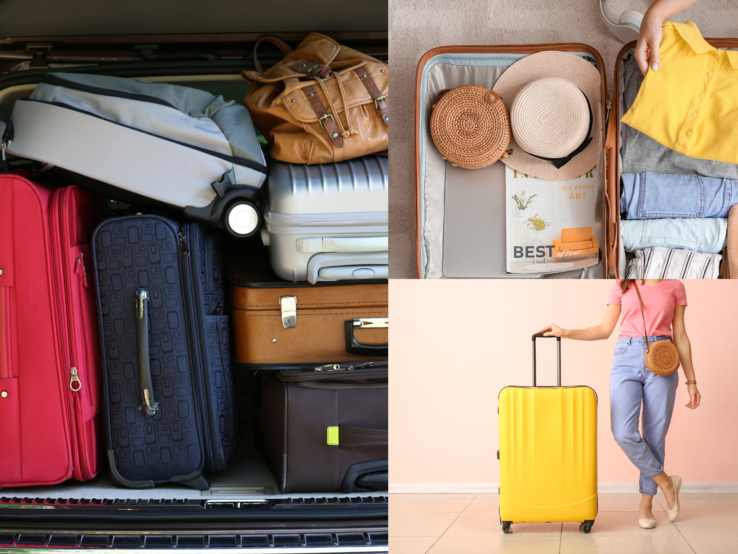 Koffer reinigen Junge Frau in rosa T-Shirt und Jeans mit gelbem Rollkoffer, daneben vollgepackter Kofferraum und offener Koffer mit Strohhüten und Kleidung.