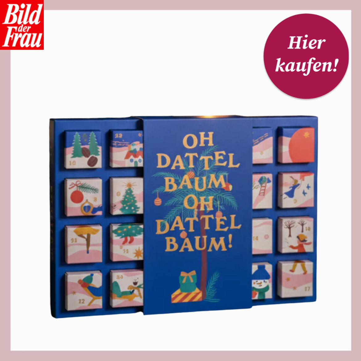 Blauer Adventskalender mit goldener Aufschrift „Oh Dattelbaum“, bunten Illustrationen und 24 Türchen im Weihnachtsdesign. | © Djoon/Canva/Collage:bildderfrau.de