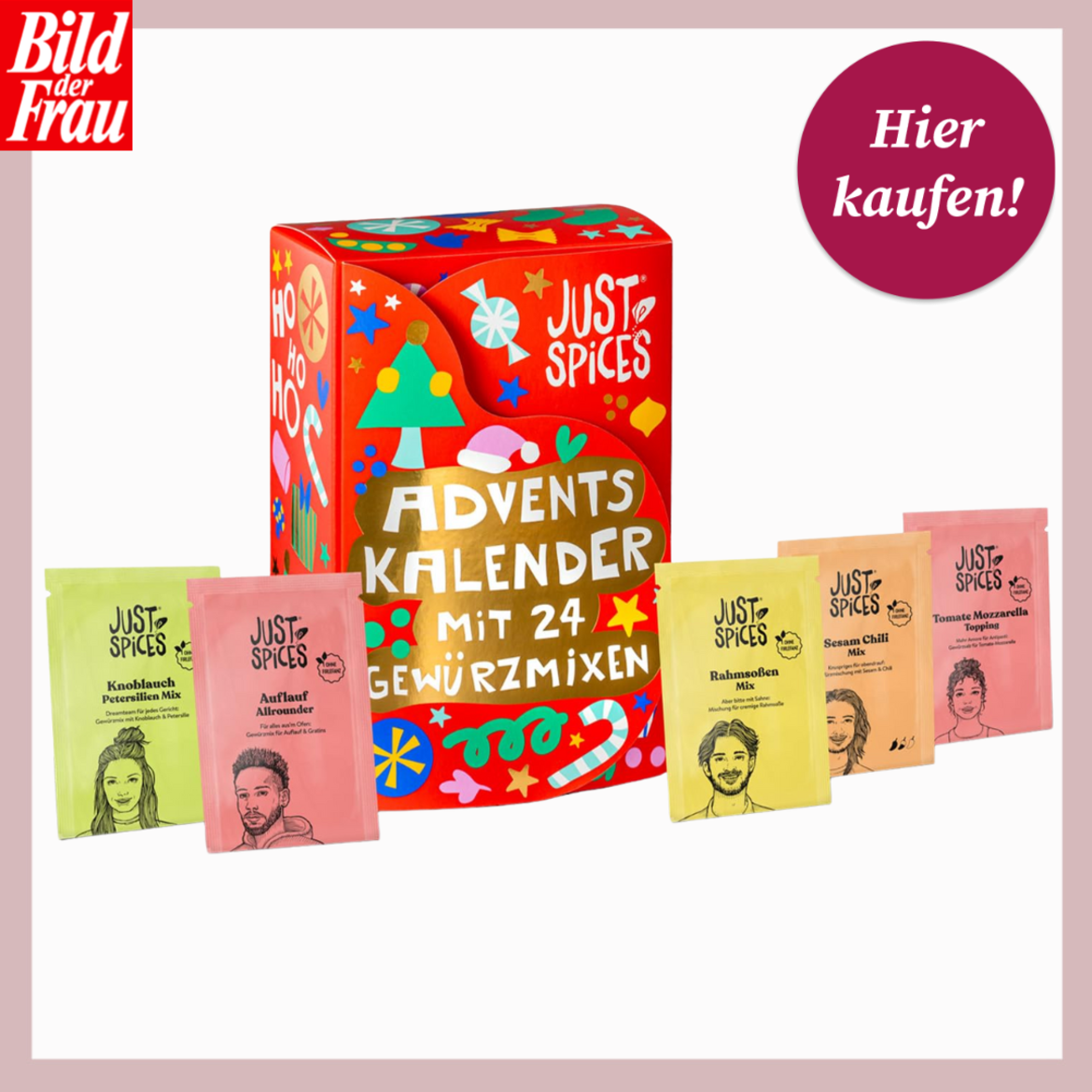 Bunter Adventskalender von Just Spices mit 24 Gewürzmischungen, umgeben von sechs verschiedenfarbigen Gewürztütchen. | © Just Spices/Canva/Collage:bildderfrau.de