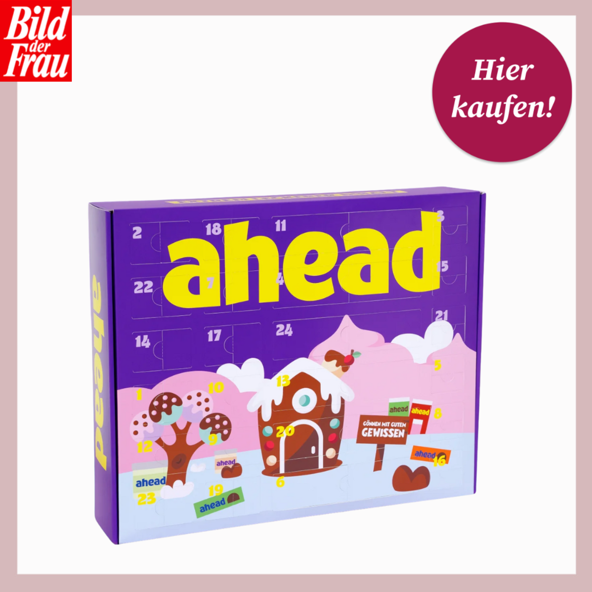 Lila Adventskalender von ahead mit gelber Aufschrift, verziert mit Lebkuchenhaus, Schneelandschaft und Zuckerstangen. | © Ahead/Canva/Collage:bildderfrau.de