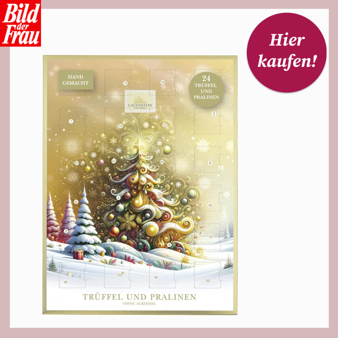 Festlich leuchtender Adventskalender mit 24 Türchen, bunter Baumillustration und lila-roten Schneetannen im Schnee. | © Lauenstein Confiserie/Canva/Collage:bildderfrau.de